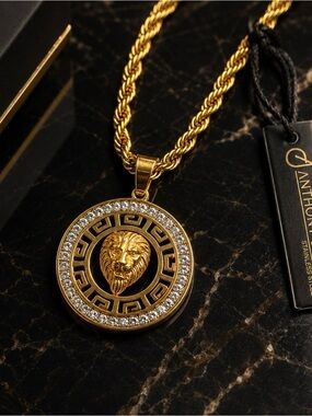 NWT Anthony Jacobs Stainless Steel Lion Head Greek Key Pendant and Rope Chain